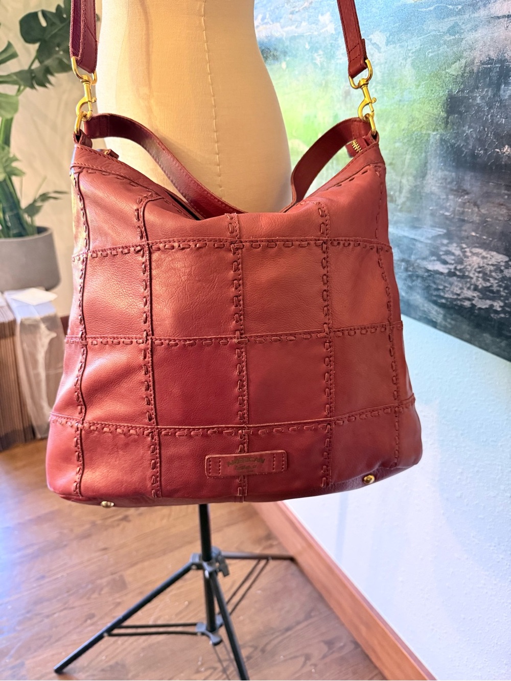 American Leather Co. Heritage Leather Zip Top Bucket Hobo Bag Crossbody Red